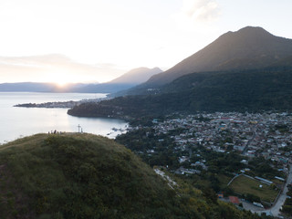 Aerial Drone view of San Juan La Laguna on Lake Atitlan, Guatemala