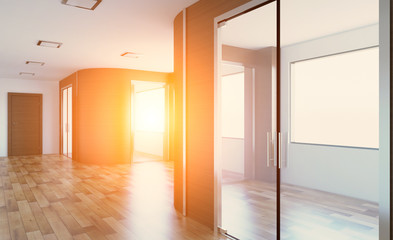 Modern Empty  office Cabinet. Meeting room. 3D rendering. Sunset.