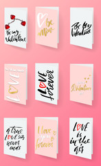 Saint Valentine's day cards templates. Hand drawn romantic modern dry brush lettering. Heart vector illustration.
