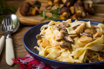 Tagliatelle pasta with forest mushrooms and chicken.