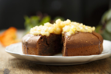 Chocolate cake with caramelized pears