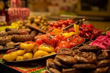 Grilled vegetables at street christmas market, traditional ukraininan cuisine