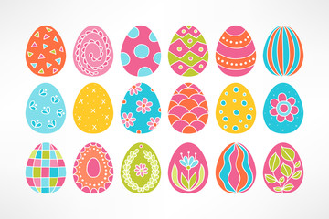 Set of Easter eggs. Floral ornaments, stripes, waves, dots, triangles