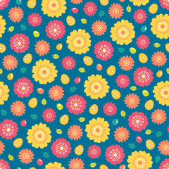 Easter seamless pattern with eggs and flowers on blue background