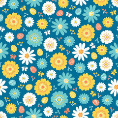 Seamless pattern with flowers, butterfly, berry and eggs