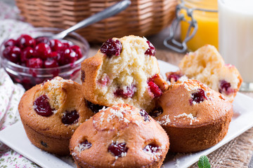 Homemade cherry muffins on the plate on wooden table