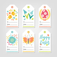Set of Easter Gift Tags with chicken, flowers, eggs, berry