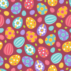 Easter seamless pattern with colorful eggs and leaves