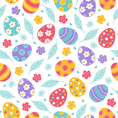 Easter seamless pattern with leaves, flowers and colorful eggs