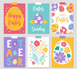 Set of six Easter cards with eggs, chicken, flowers, leaves