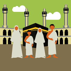 Muslim pilgrims perform Hajj / Umrah (pilgrimage to Mecca) around Kaaba at the Haram Mosque using Ihram (white garment). Cartoon Character. Vector Illustration