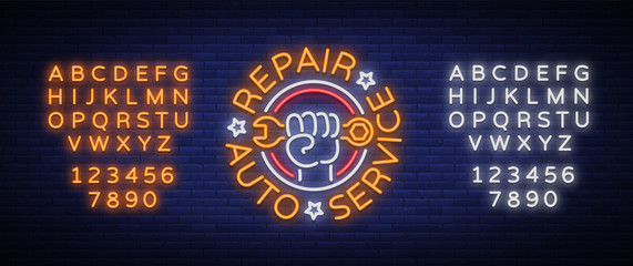 Auto service repair logo in neon style. Neon sign, a symbol on the topic of repairing cars. Emblem, bright banner, shiny sign, night non-neon bright. Vector illustration. Editing text neon sign