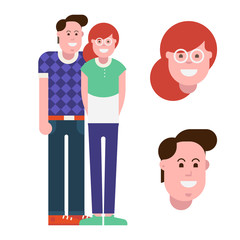 Loving couple isolated on white background. Cartoon happy man and woman standing and smiling. Enamored pair vector illustration. Young boy and girl avatars.