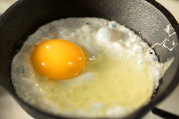 Close-up of fried eggs in a frying pan