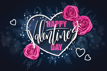 vector valentine's day grettings lettering with doodle branches, hearts, roses. Design for greeting card or poster - 186855869
