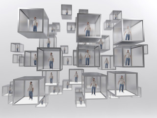 people in glass cubes