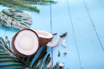 Coconut and palm branch on a blue table