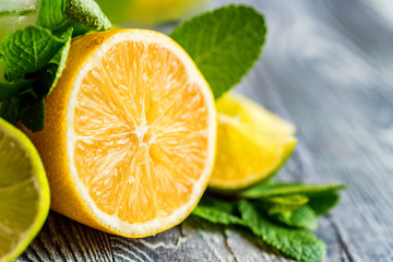 Fototapeta na wymiar Close-up of cut lemon. Mojito ingredients