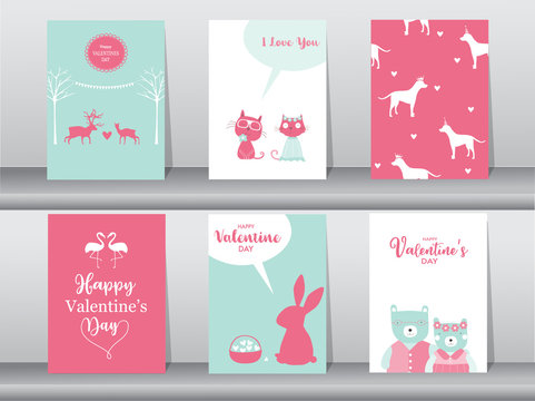 Set of Valentine's day card on retro pattern design,love,animal,cute vector,animal,Vector illustrations