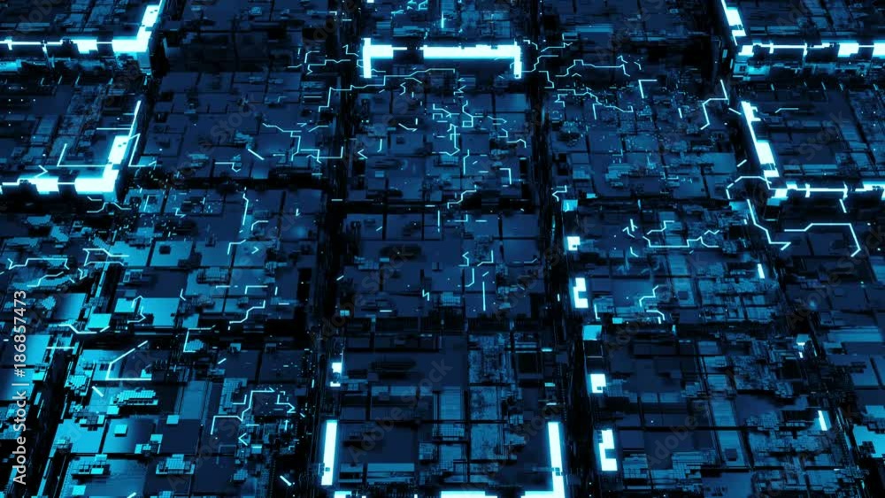 Poster abstract 3d render of technological background. high detailed complex cube structure. tech digital c