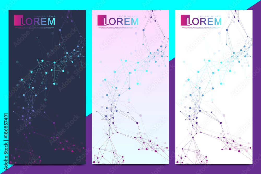 Aufkleber Modern set of vector flyers. Geometric abstract presentation. Molecule and communication background for medicine, science, technology, chemistry. Cybernetic dots. Lines plexus. Card surface.
