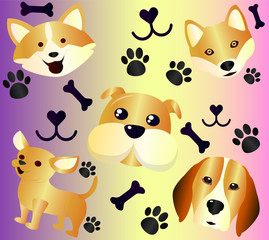 Obraz premium Collection of pets - cute cartoon dogs and dog treats with dog tracks from the paws. Red dogs are a cute little dog chihuahua, funny welsh corgi. A beagle hunting dog, close-up. Thick french dog