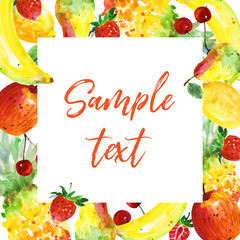 Exotic composition healthy food frame in a watercolor style. Full name of the fruit:apple, pear, cherry, lemon, strawberry. Aquarelle wild fruit for background, texture, wrapper pattern or menu.