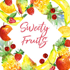 Exotic composition healthy food frame in a watercolor style. Full name of the fruit:apple, pear, cherry, lemon, strawberry. Aquarelle wild fruit for background, texture, wrapper pattern or menu.