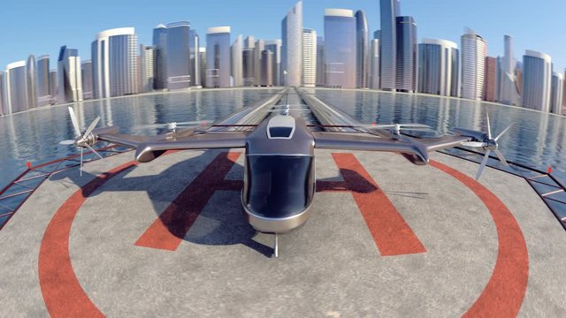 Flying Taxi Drone with the city ckyline in the background, 4k