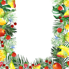 Fototapeta na wymiar Exotic composition healthy food frame in a watercolor style. Full name of the fruit:apple, pear, cherry, lemon, pineapple. Aquarelle wild fruit for background, texture, wrapper pattern or menu.