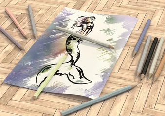 Tapeten potlood tekening zeemeermin © emieldelange
