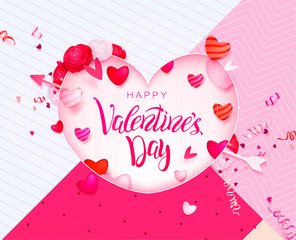 Happy holidays: Valentines day 14 february background with hearts. 3d Vector illustration. Romantic Wallpaper, wedding design for flyers, banners.