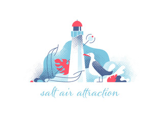Lighthouse with seagull and anchor modern illustration. Marine and ocean theme seaside background.