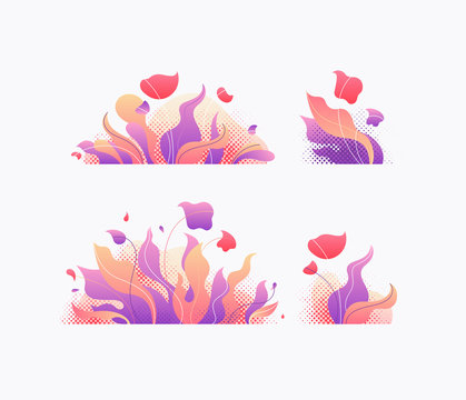 Trendy gradients' floral vector design elements. Isolated creative plants, grass and flowers objects.