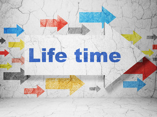 Timeline concept:  arrow with Life Time on grunge textured concrete wall background, 3D rendering