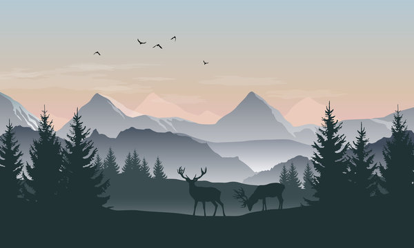 Vector landscape with silhouettes of mountains, trees and two deer with sunrise or sunset sky © Kateina
