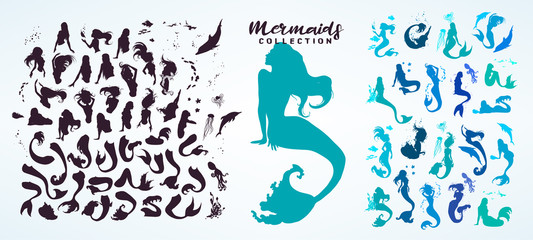 Set: ink sketch collection of mermaids and siren creator, isolated on white. Hand drawn realistic sketch of singing, sitting, floating, dancing... mermaid and sea life. Vector illustration. - obrazy, fototapety, plakaty