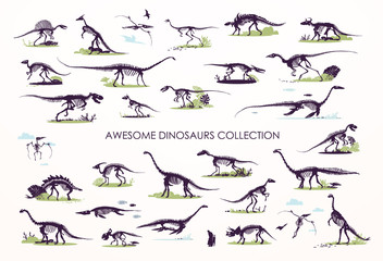Set of silhouettes, dino skeletons, dinosaurs, fossils. Hand drawn vector illustration. Realistic Sketch collection: diplodocus, triceratops, tyrannosaurus, doodle pattern... © Gluiki