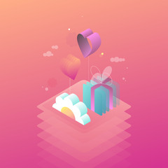 Love, gift and flower greeting card. Vector modern gradients isometric illustration