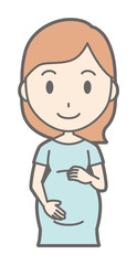 A pregnant woman in green's clothes stands facing forward