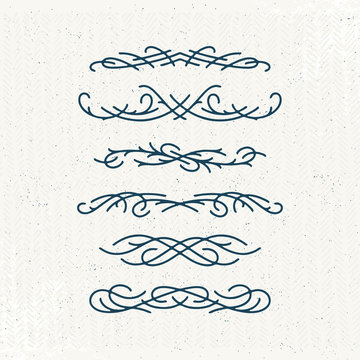 Graphical monoline decorative design elements, set of isolated ornamental and geometrical headers, graphical dividers, rules.