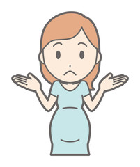 Pregnant women in green clothes are shrugging their shoulders