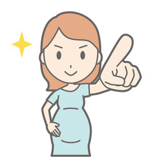 A pregnant woman in green's clothes points towards her anterior