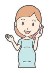 Pregnant women in green clothes are talking on smartphone