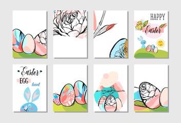 Fototapeta premium Hand drawn vector abstract creative Easter greeting card design collection set template with flowers,Easter eggs and bunny in pastel colors isolated on white background