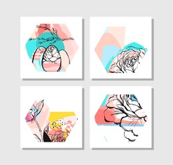 Hand drawn vector abstract creative unusual modern hexagon shape cards collection set with flowers and spring motifs collage isolated on white background