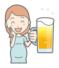 A pregnant woman in green's clothes has beer