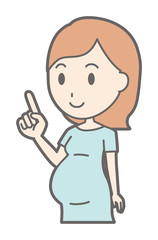 A pregnant woman wearing green dress points diagonally and points her finger
