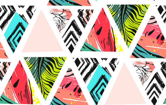 Hand drawn vector abstract unusual summer time decoration collage seamless pattern with watermelon,aztec and tropical palm leaves motif isolated on white background