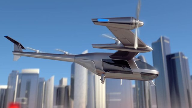 Flying Taxi Drone takeoff with the city skyline in the background, 4k